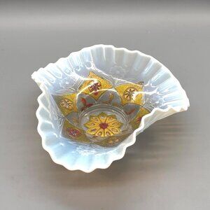 Antique Goofus Glass Bowl Opalescent Ruffled Edge Hand Painted Red Gold Floral